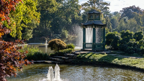 The pagoda in the water garden in autumn at Cliveden, Buckinghamshire